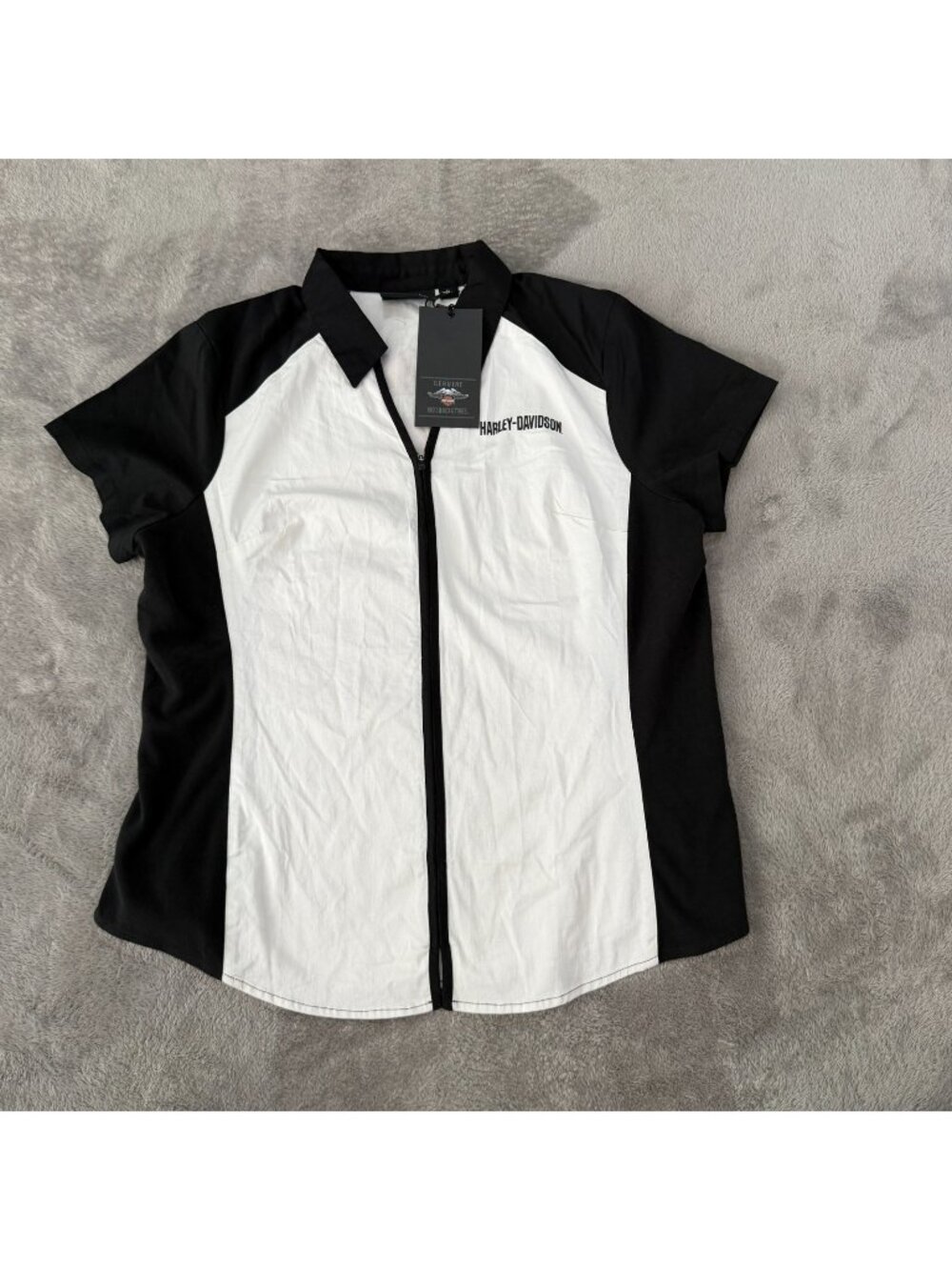 NWT Harley Davidson Womens Short Sleeve Blouse Shirt Zip Up XL Black White